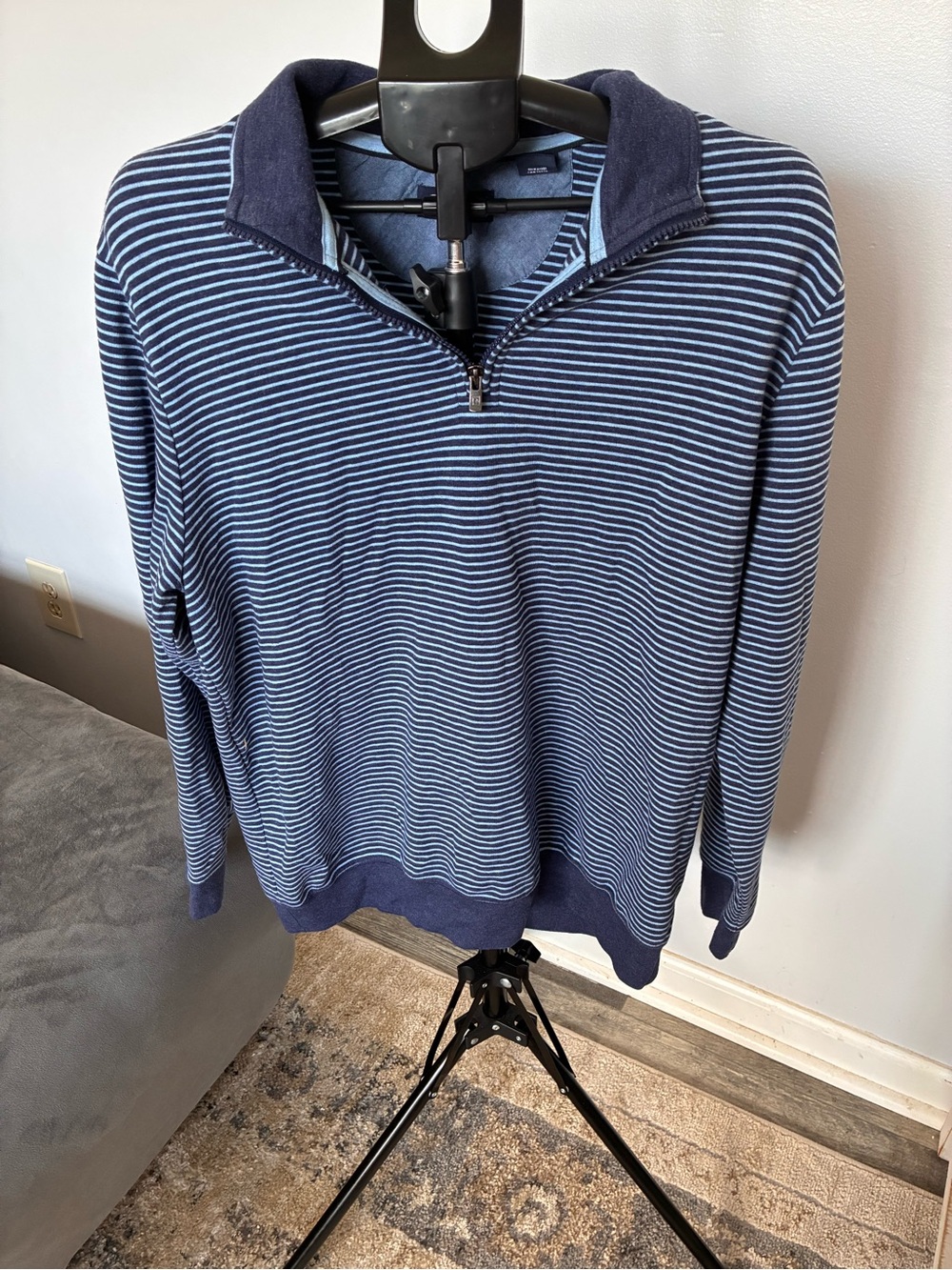 Chaps Navy and White Striped Zip-Up Sweater